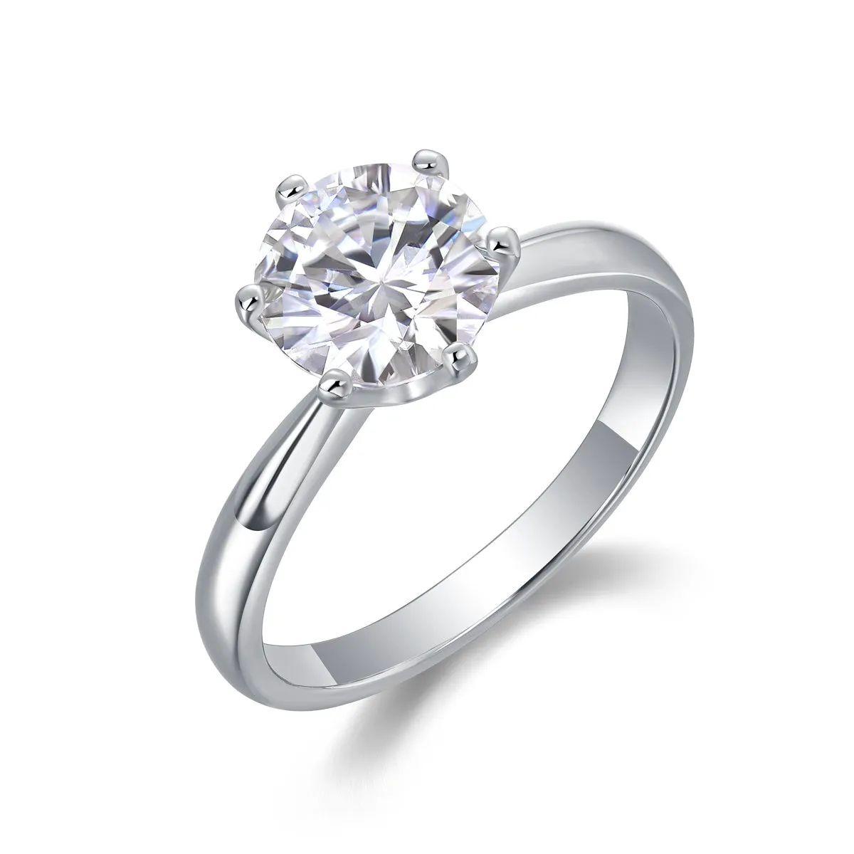 Classic six-prong moissanite wedding ring S925 silver platinum plated 1 carat stone on white background