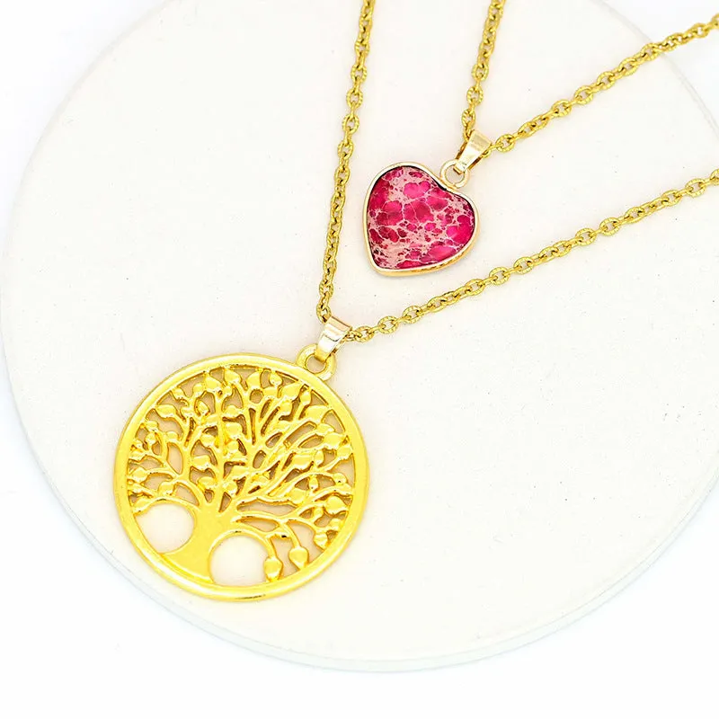 2-layer red heart emperor stone life tree pendant necklace for women