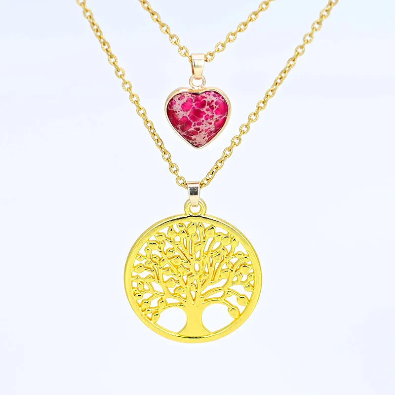2-layer red heart emperor stone life tree pendant necklace for women
