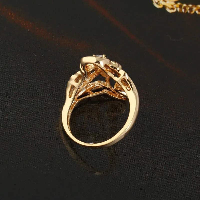 Exaggerated irregular leaf zircon ring on open copper geometric band gold white finish women size 6.5