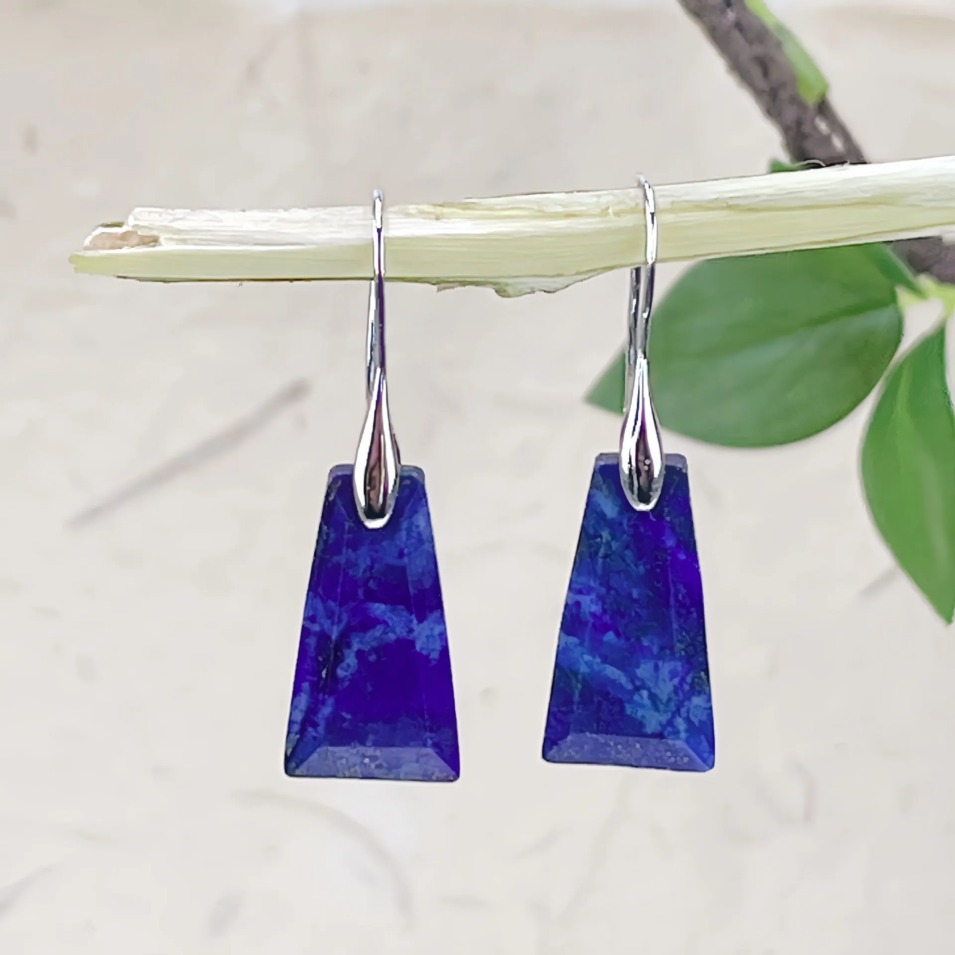 Natural lapis lazuli geometric earrings with crystal accents on gold and silver hooks