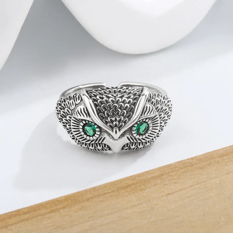 Retro vintage casual owl ring in copper with adjustable opening and blue gemstone finish