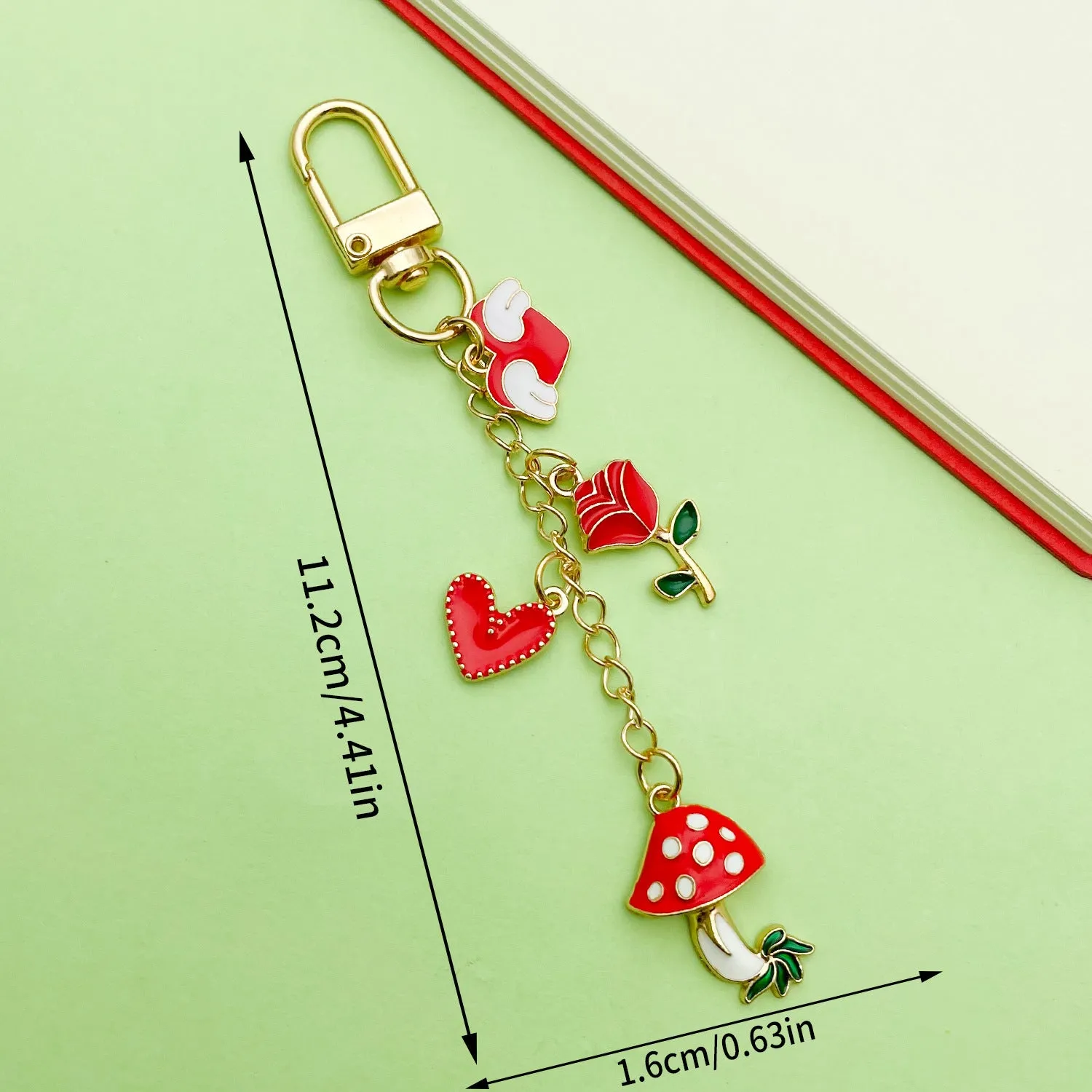 Red mushroom love heart rose heart-shaped alloy keychain with oil drip finish and unicorn pattern