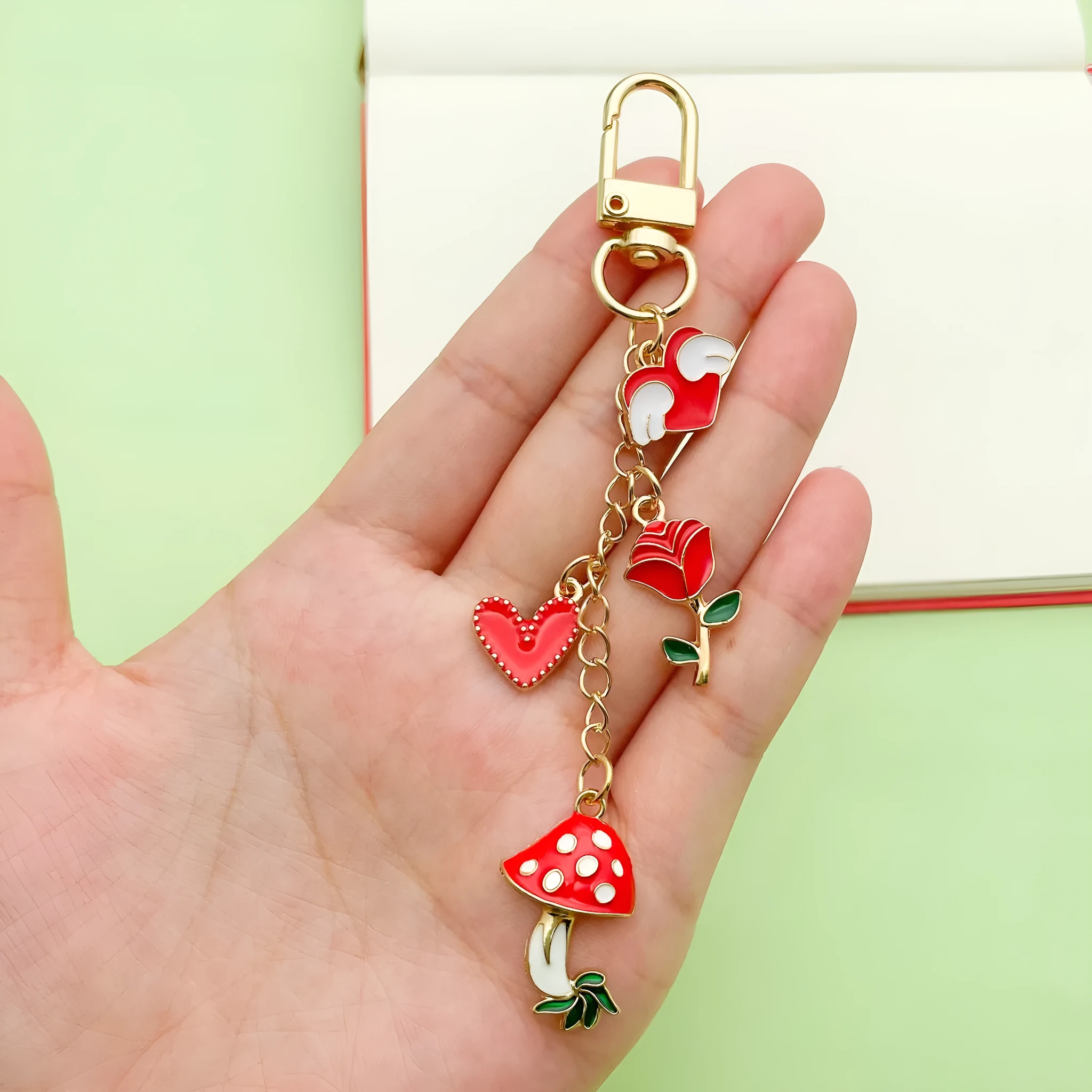 Red mushroom love heart rose heart-shaped alloy keychain with oil drip finish and unicorn pattern