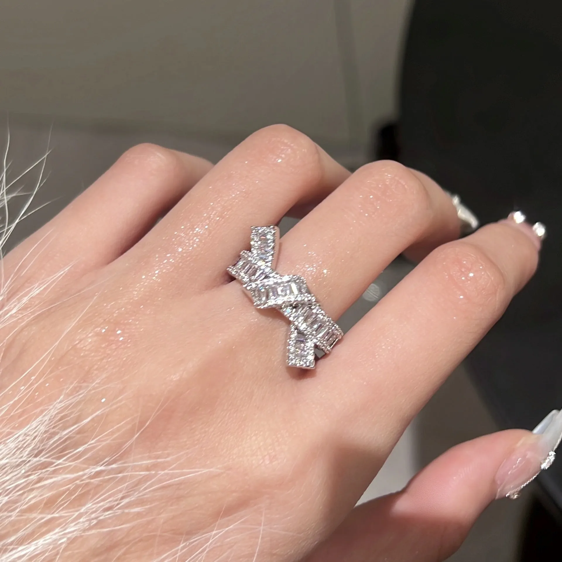 Silver cross open ring with bow shape, copper base, electroplated finish, light luxury style