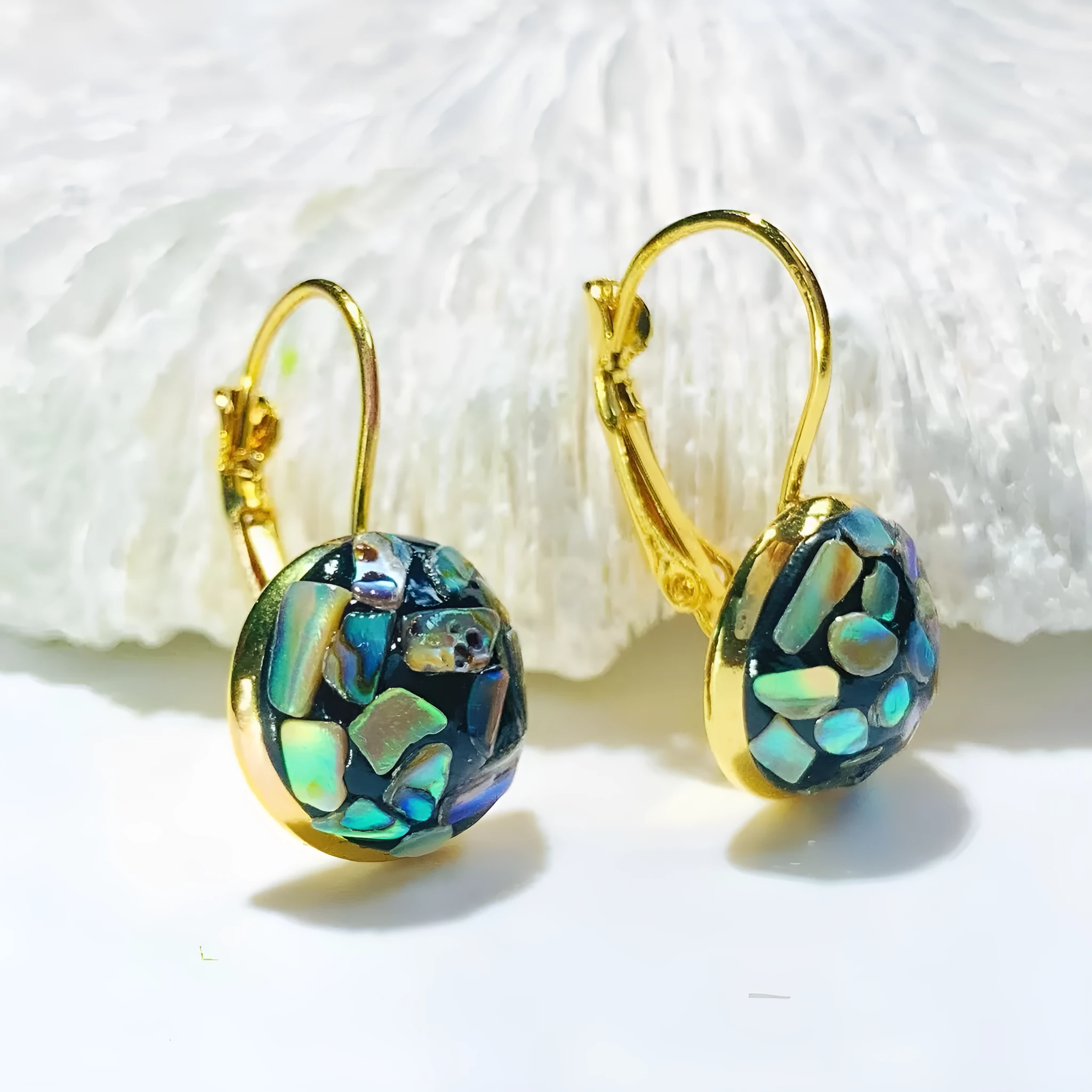 Handmade mother-of-pearl earrings for women with Chinese character Fu, Chanel style, snail ear clip