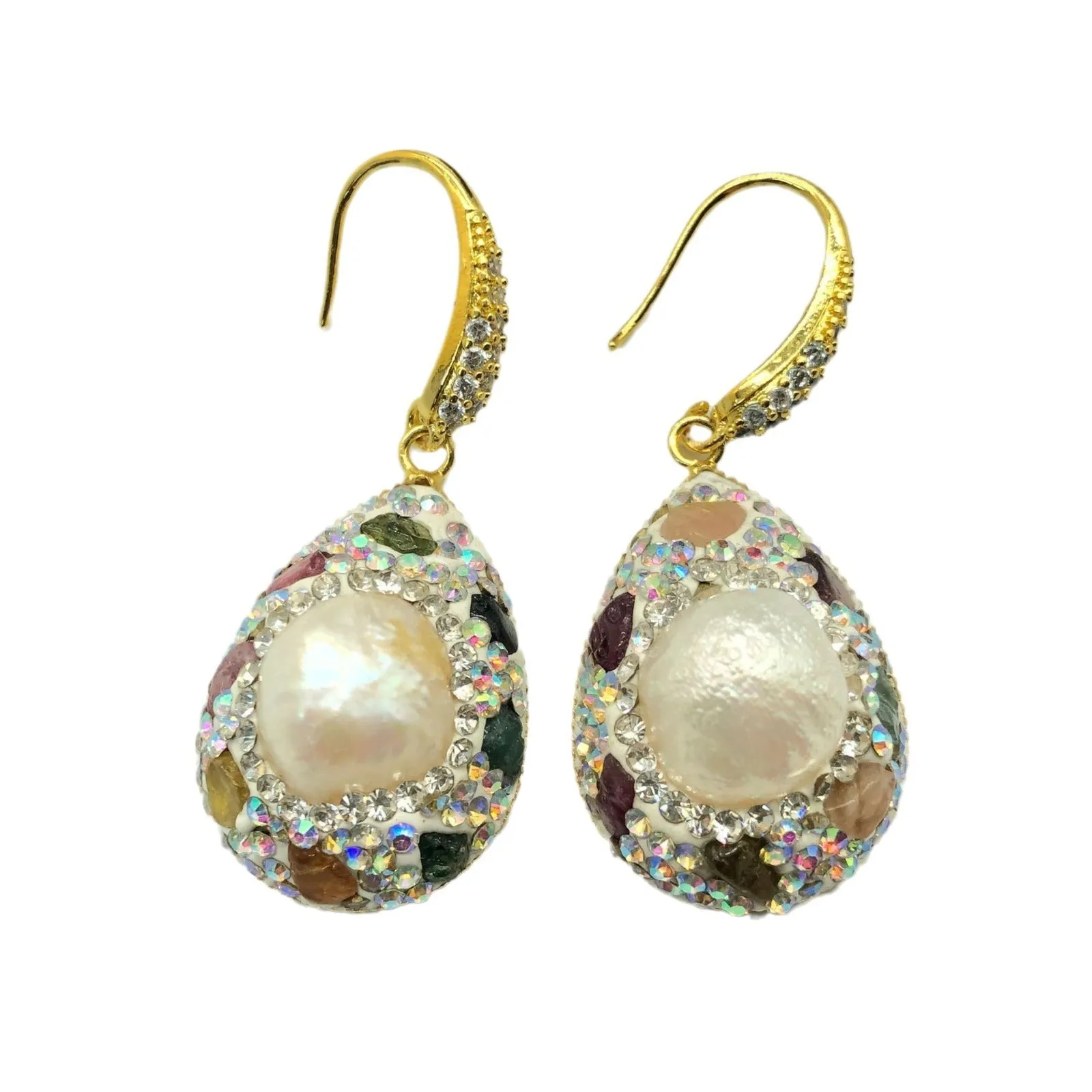 Natural freshwater pearl teardrop copper earrings for women colourful diamond inlay dangle style