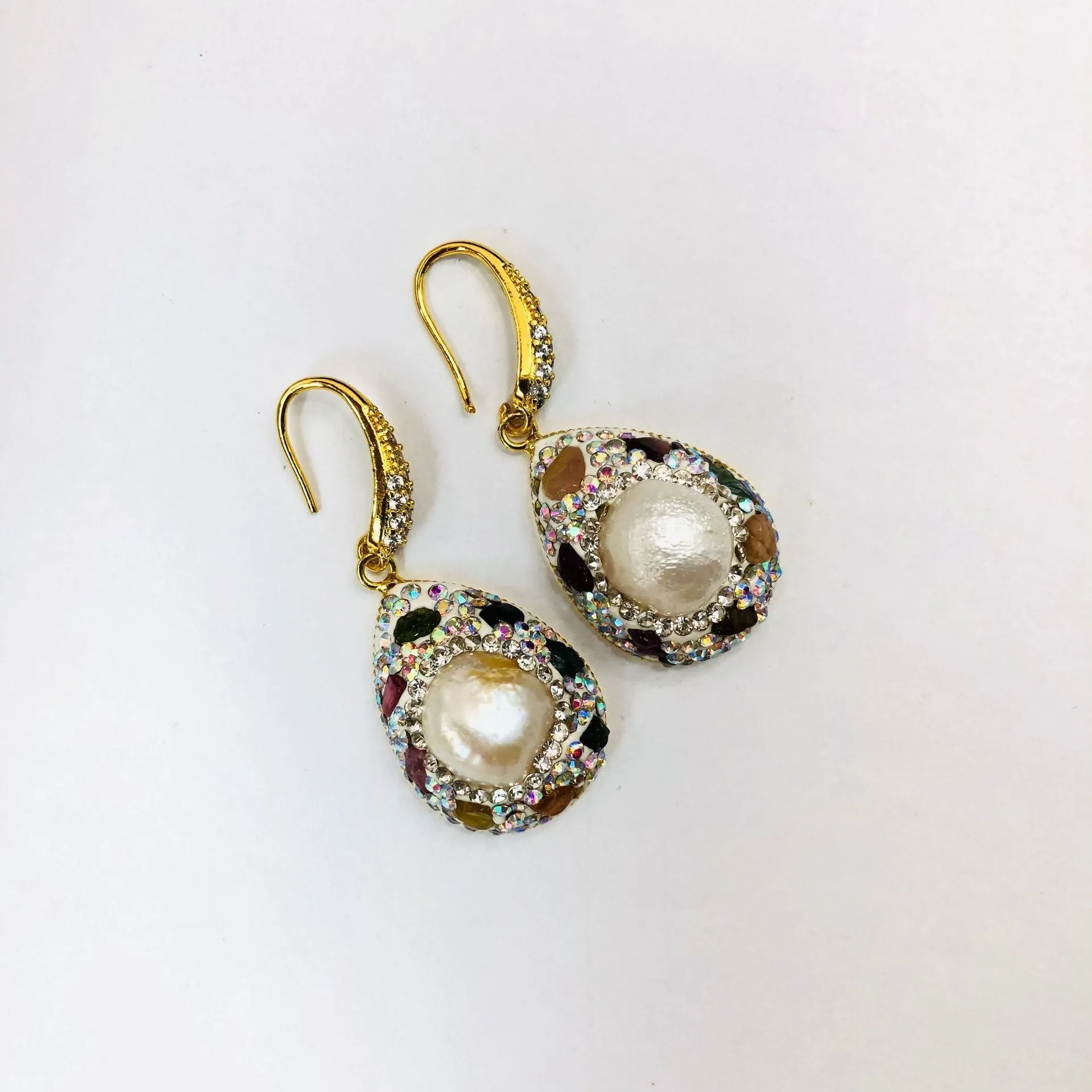 Natural freshwater pearl teardrop copper earrings for women colourful diamond inlay dangle style