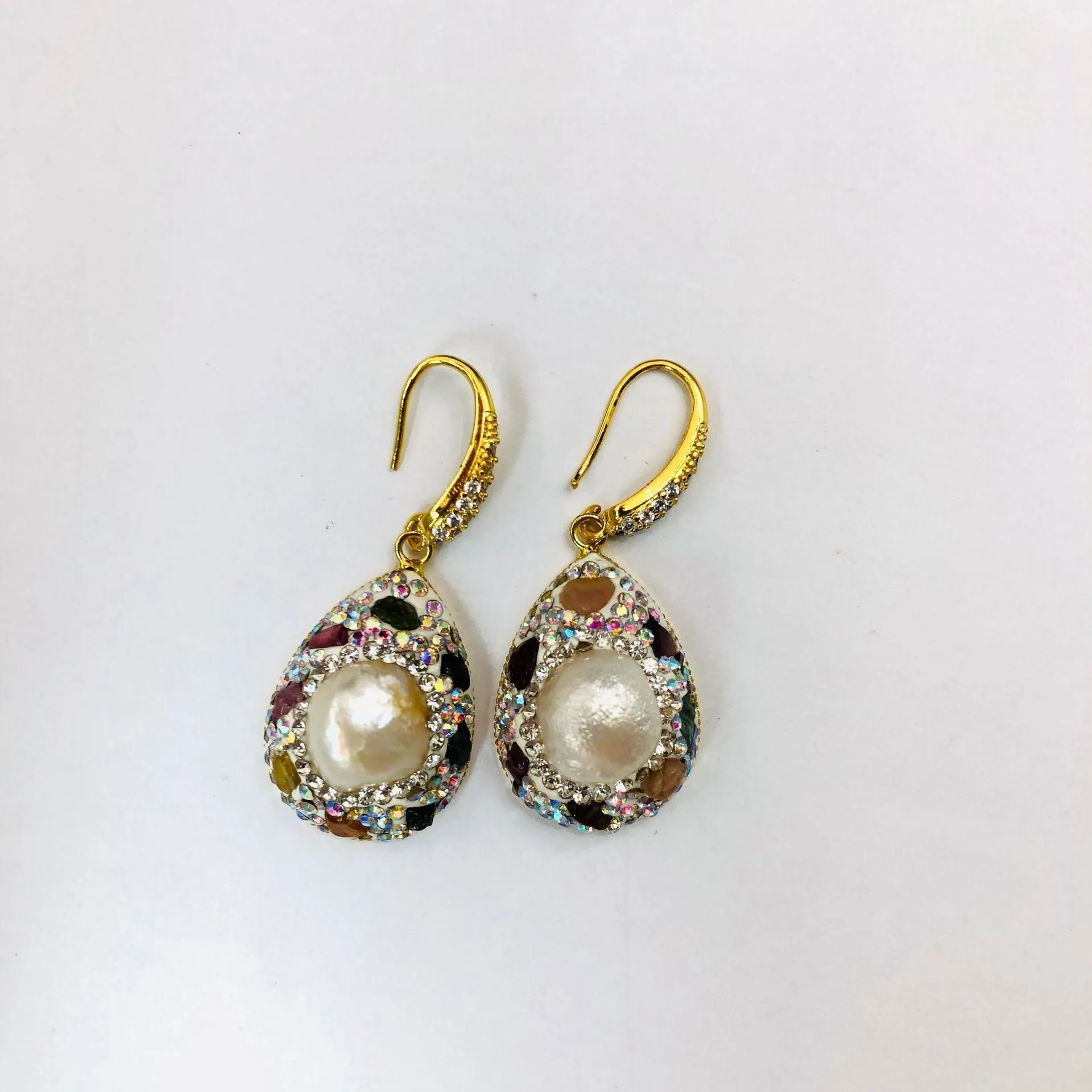 Natural freshwater pearl teardrop copper earrings for women colourful diamond inlay dangle style
