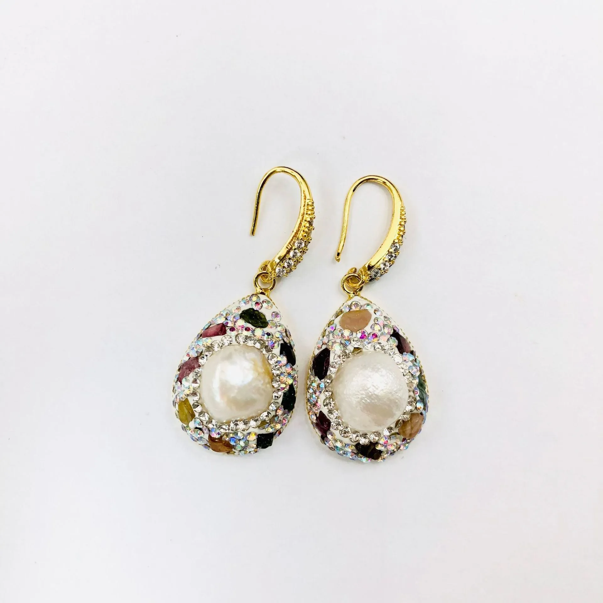 Natural freshwater pearl teardrop copper earrings for women colourful diamond inlay dangle style