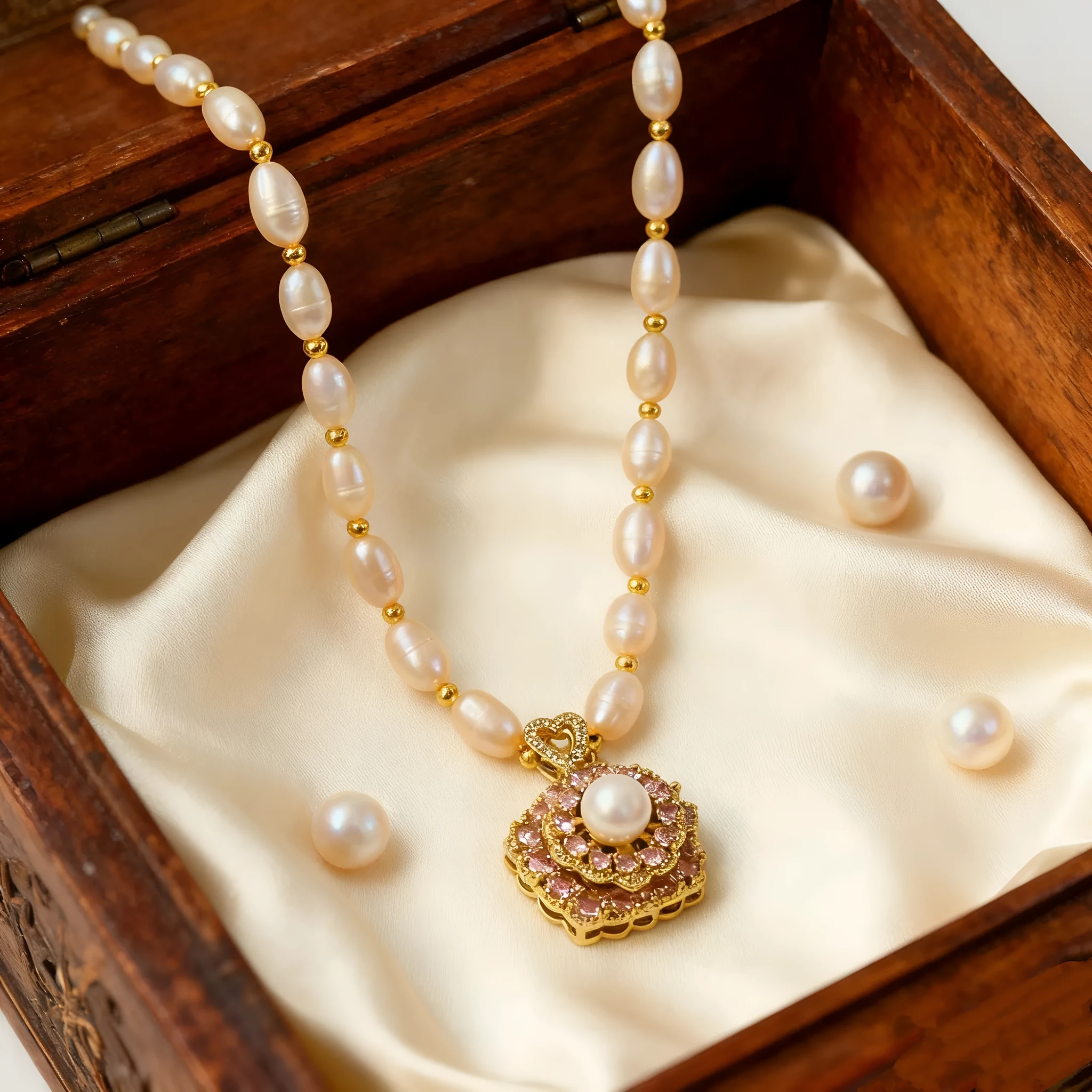 Natural freshwater pearl necklace with pink transfer bead and auspicious patterns, adjustable 51-60cm