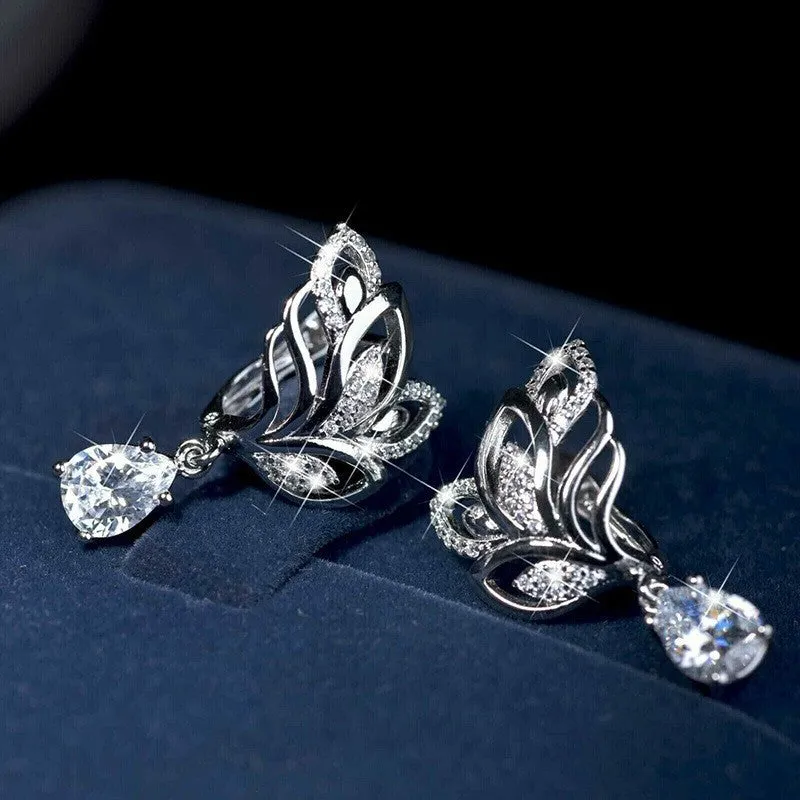 Leaf inlaid drop zircon earrings for women, copper floral design with platinum finish, white gold colour option