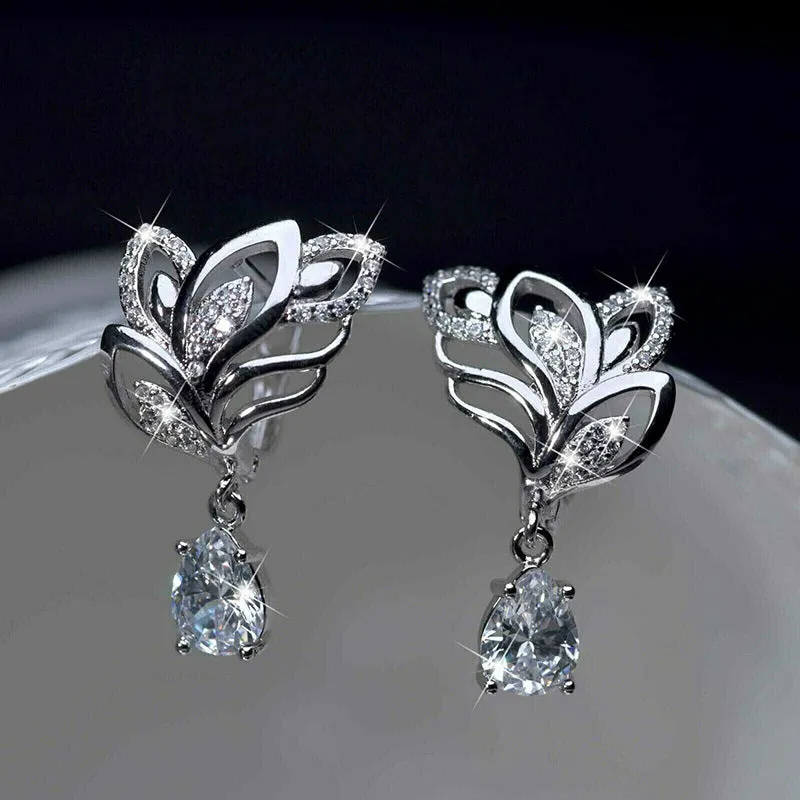 Leaf inlaid drop zircon earrings for women, copper floral design with platinum finish, white gold colour option