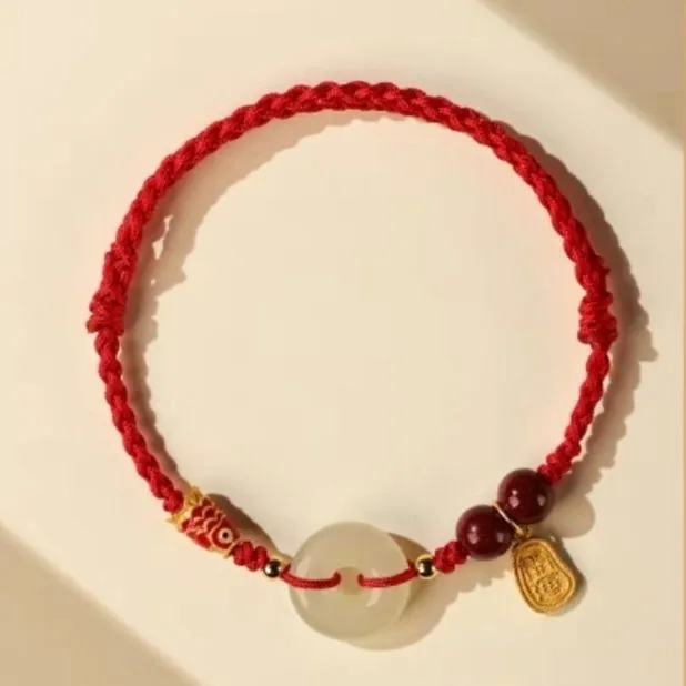 Hetian jade peace buckle bracelet with 10mm beads on adjustable braided rope in three colour options