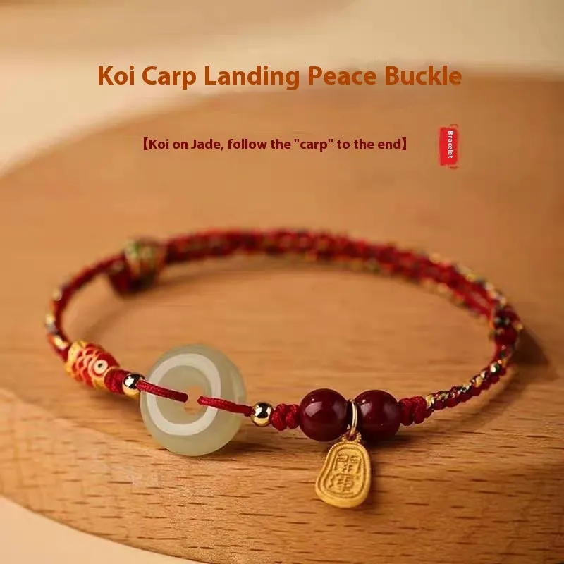 Hetian jade peace buckle bracelet with 10mm beads on adjustable braided rope in three colour options