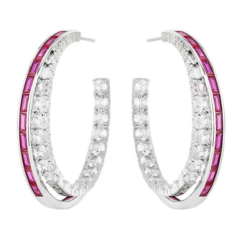 Women's geometric copper earrings with zirconia, silver needle design, red corundum colour option