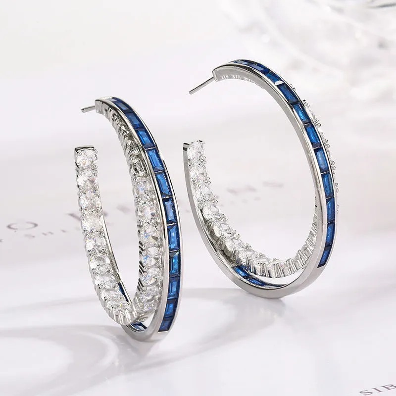Women's geometric copper earrings with zirconia, silver needle design, red corundum colour option