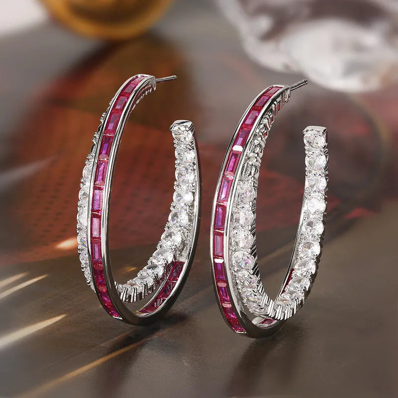 Women's geometric copper earrings with zirconia, silver needle design, red corundum colour option