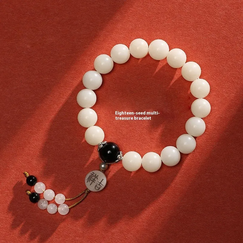 White jade bodhi couple's bracelet with 10mm beads and traditional Ruyi charm
