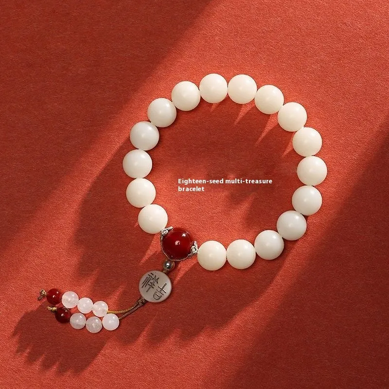 White jade bodhi couple's bracelet with 10mm beads and traditional Ruyi charm