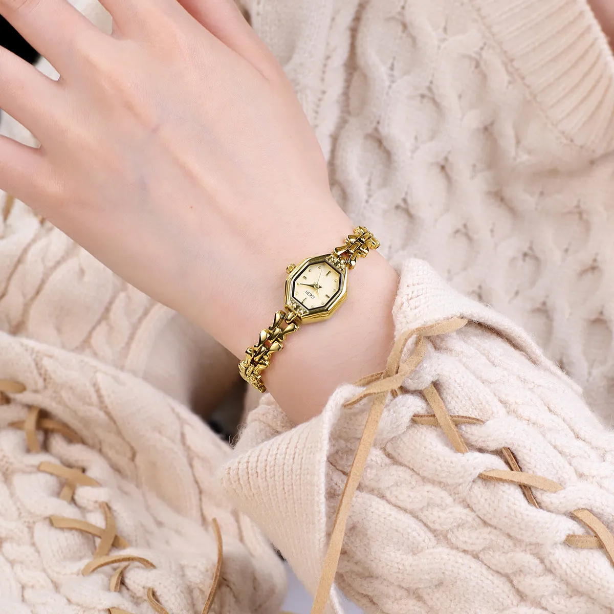 Luxury retro octagonal women's quartz watch with alloy strap and mineral glass dial in steel gold finish