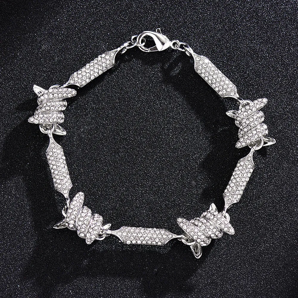 Irregular 3D solid alloy Cuban chain bracelet and necklace in silver and gold, unisex hip hop style, on dark background
