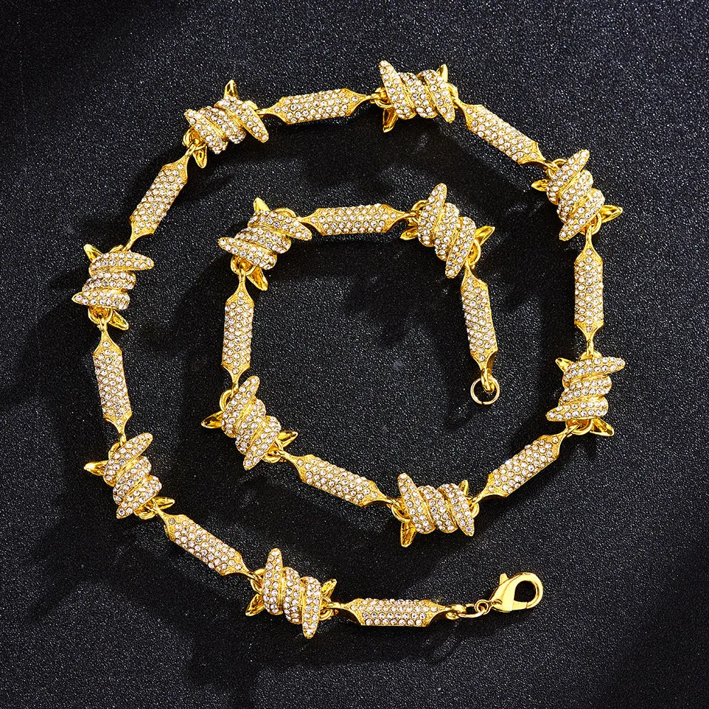 Irregular 3D solid alloy Cuban chain bracelet and necklace in silver and gold, unisex hip hop style, on dark background