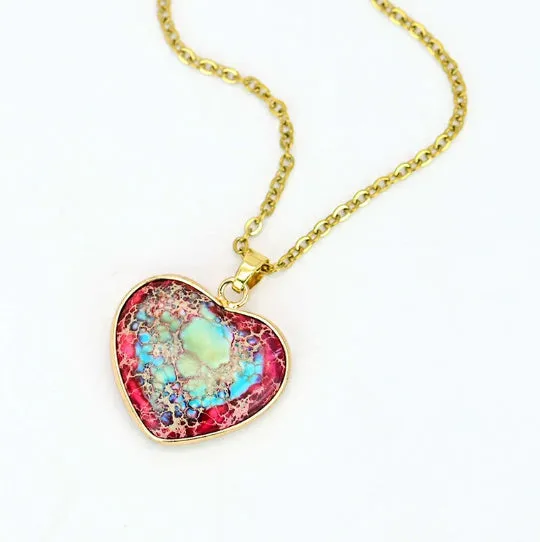 Natural stone heart-shaped pendant necklace in red and blue colours