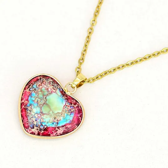 Natural stone heart-shaped pendant necklace in red and blue colours