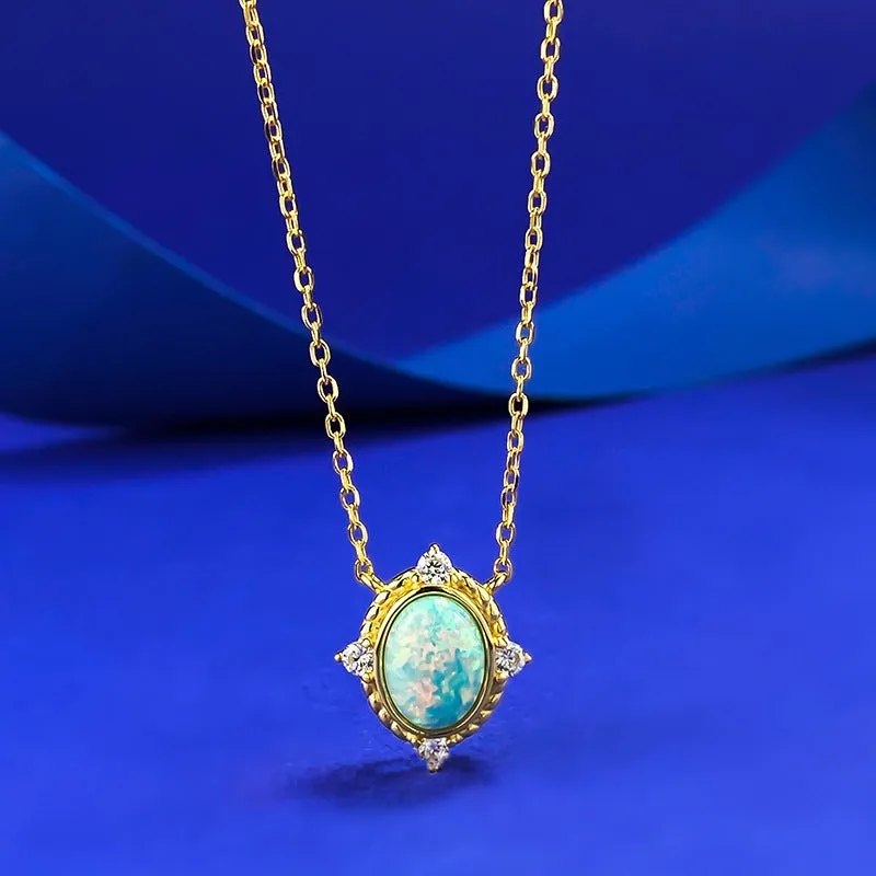 925 silver opal necklace pendant with 6x8mm oval cabochon on adjustable chain