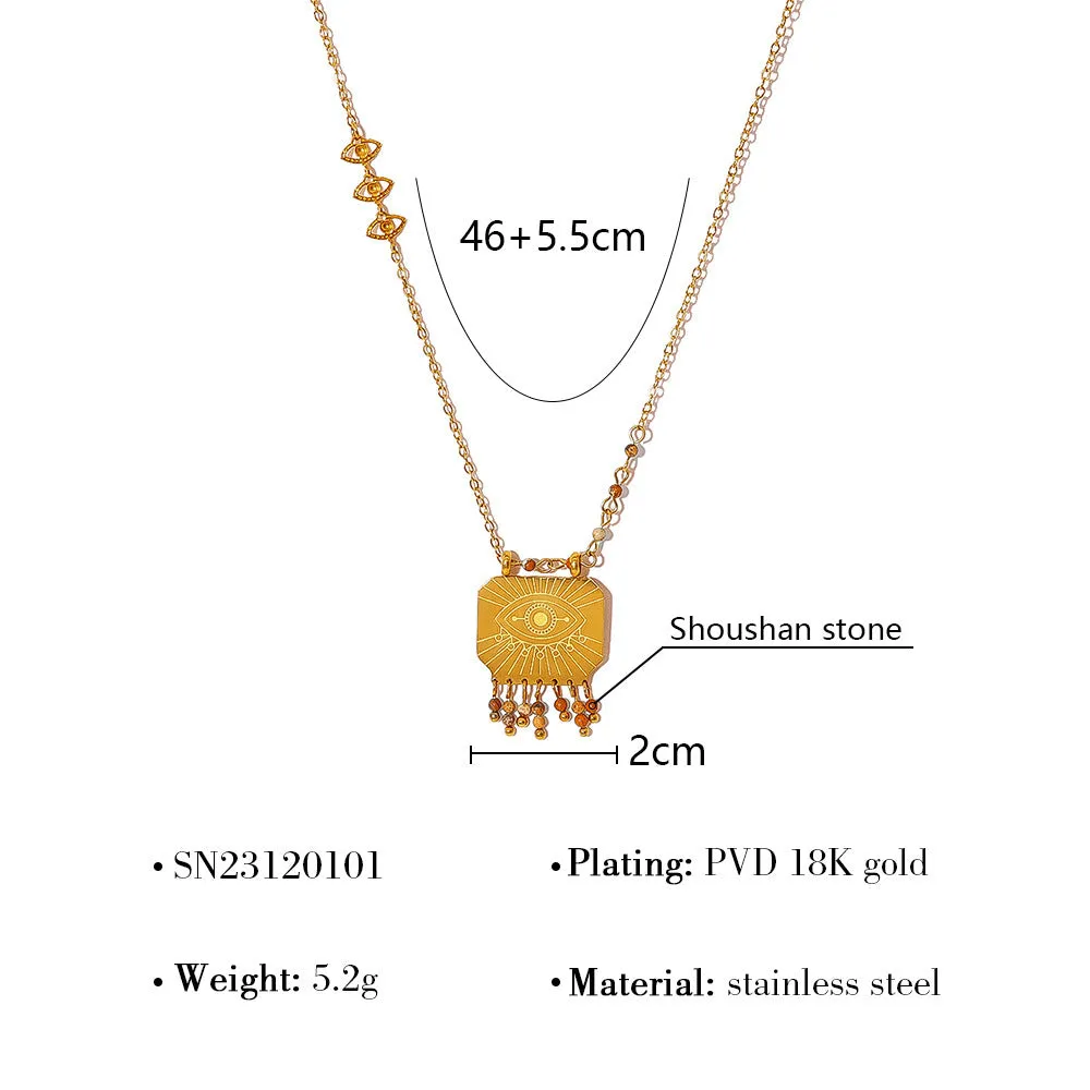 Retro gold titanium steel chain necklace with square natural stone pendant and evil eye motif on white background