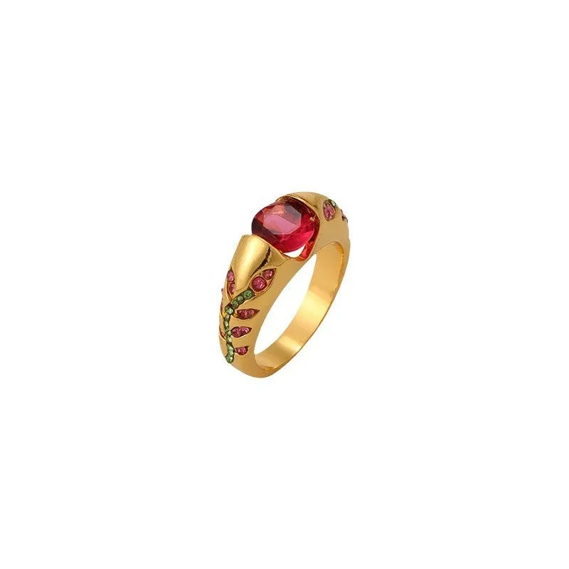 Leaf style zirconium inlaid ring for women in geometric shape, zinc alloy, available in gold and light pink