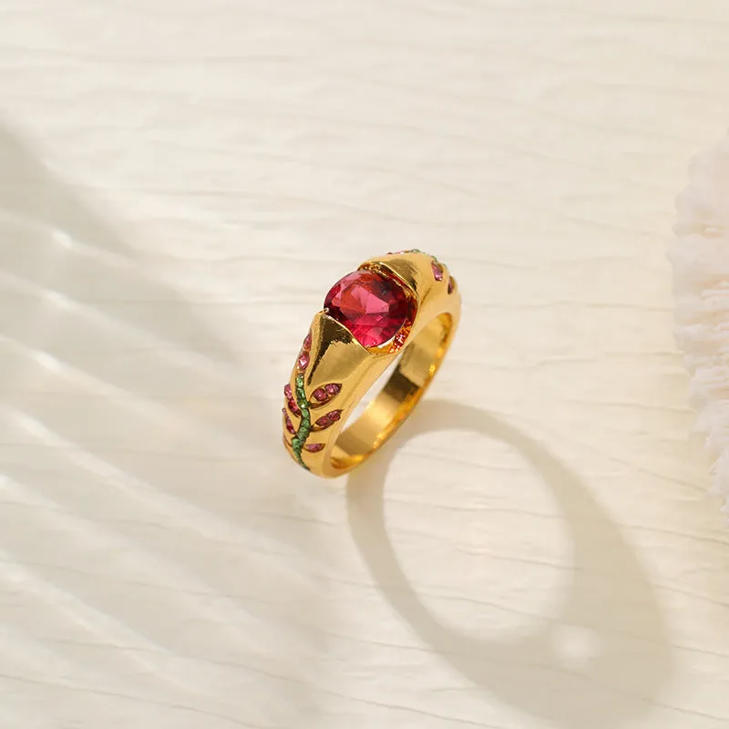 Leaf style zirconium inlaid ring for women in geometric shape, zinc alloy, available in gold and light pink
