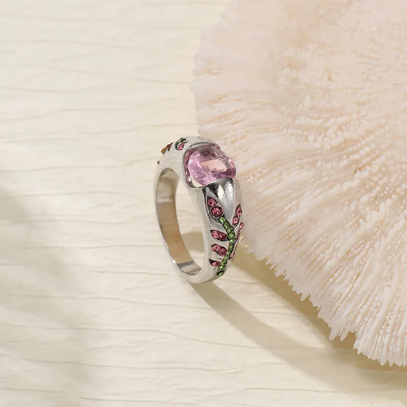 Leaf style zirconium inlaid ring for women in geometric shape, zinc alloy, available in gold and light pink