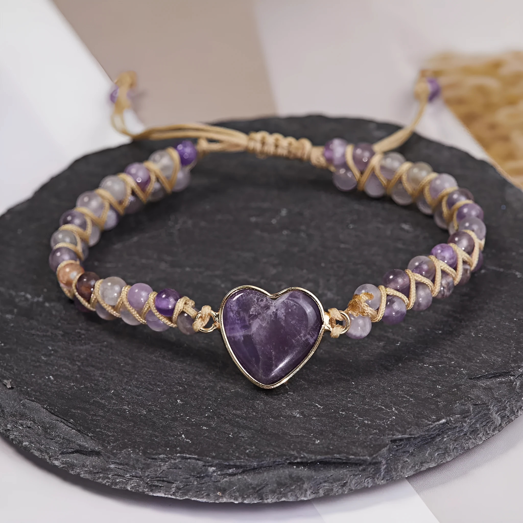 Vintage handmade braided rope inspirational bracelet with geometric ring for women