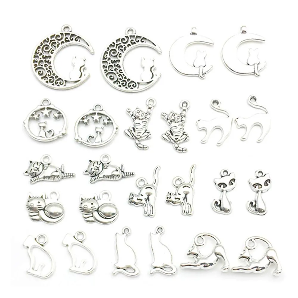 24 mixed ancient silver zinc alloy cat pendant charms with retro style on white background