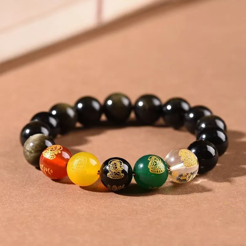 Rainbow eye obsidian and gold obsidian crystal bracelet with zodiac motifs in new Chinese style