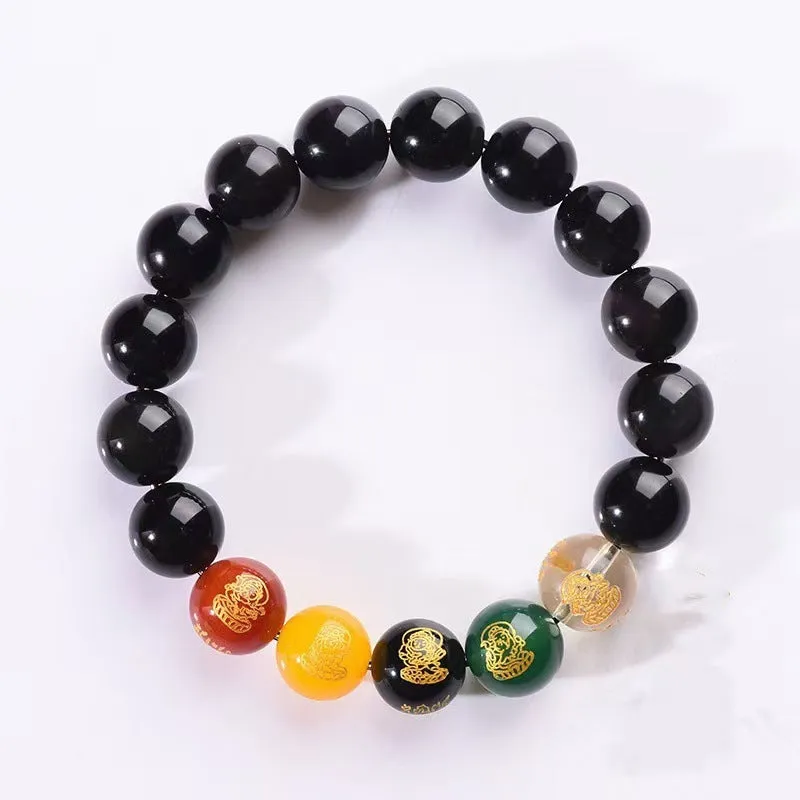 Rainbow eye obsidian and gold obsidian crystal bracelet with zodiac motifs in new Chinese style