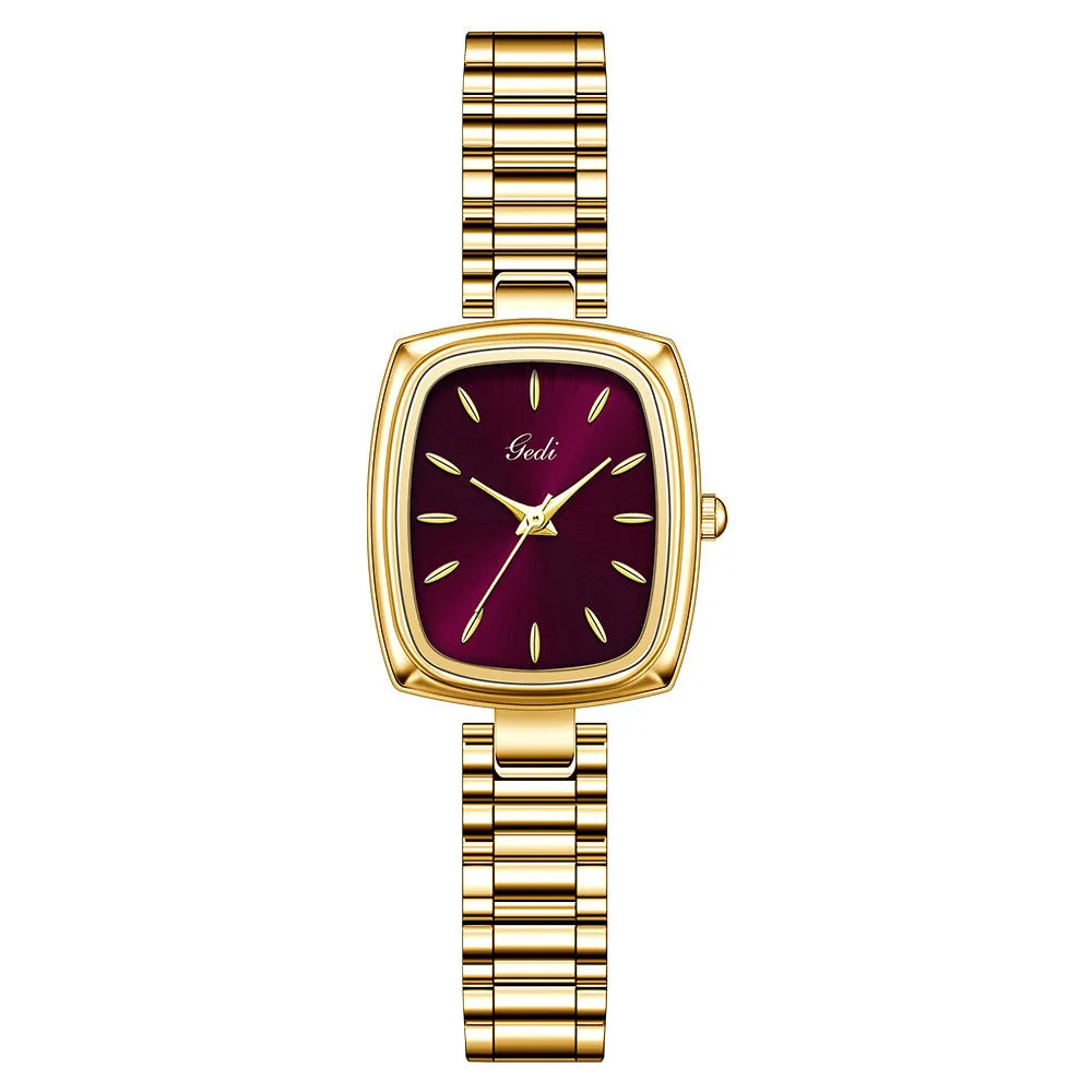 Small gold decorative watch with alloy case and strap, 8mm thick, gold face