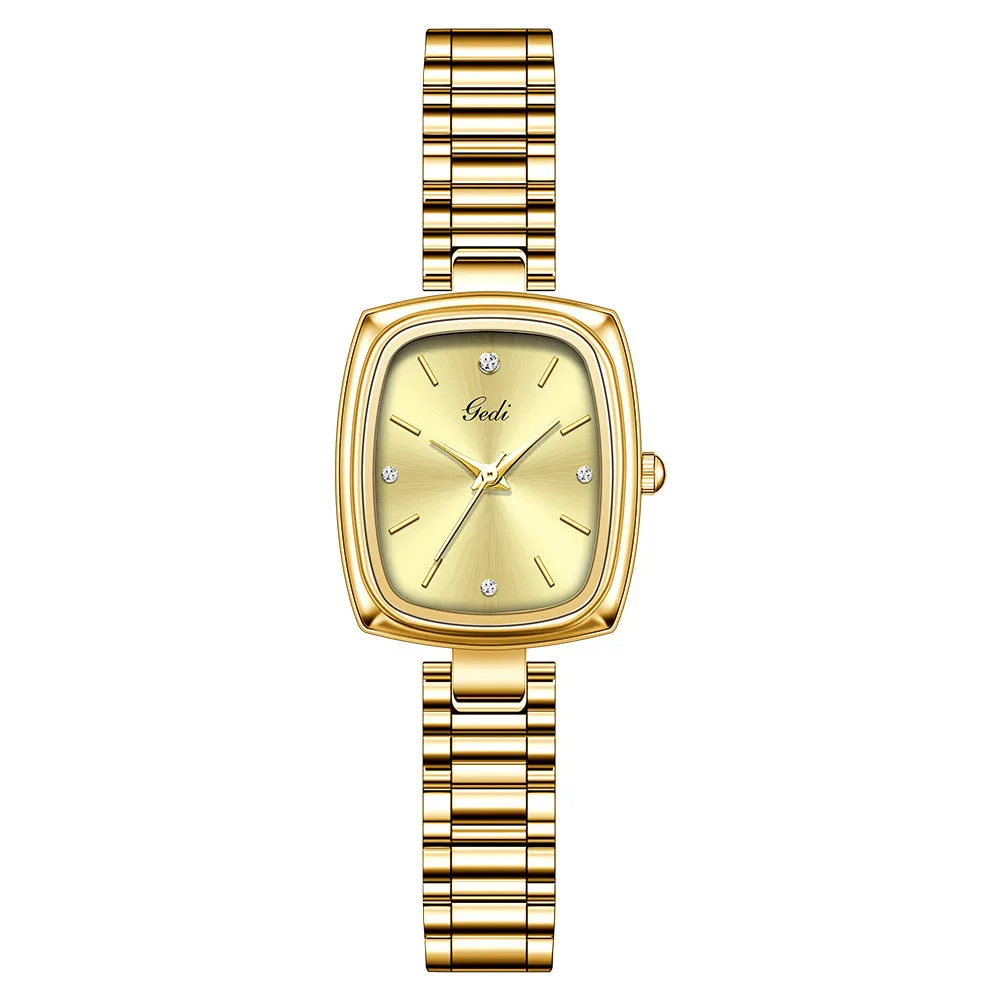 Small gold decorative watch with alloy case and strap, 8mm thick, gold face