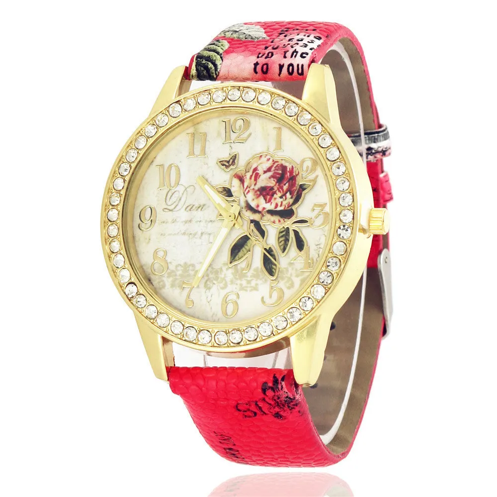 Diamond-inlaid gold case rose pattern fashion quartz watch with 38mm round dial and stainless steel buckle
