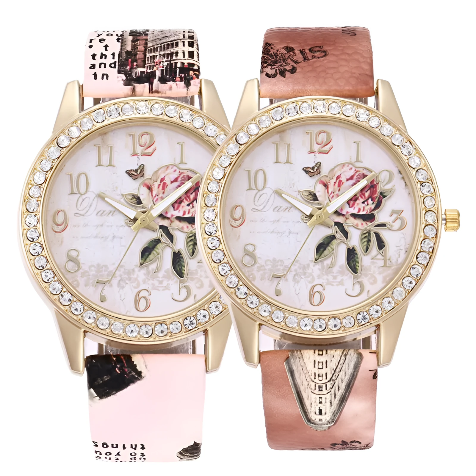Diamond-inlaid gold case rose pattern fashion quartz watch with 38mm round dial and stainless steel buckle