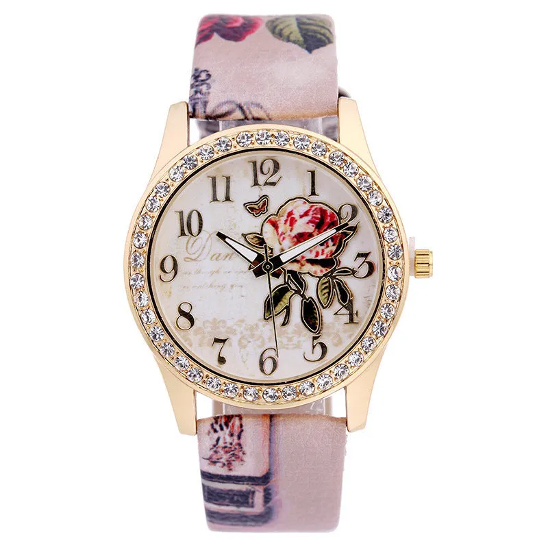 Diamond-inlaid gold case rose pattern fashion quartz watch with 38mm round dial and stainless steel buckle