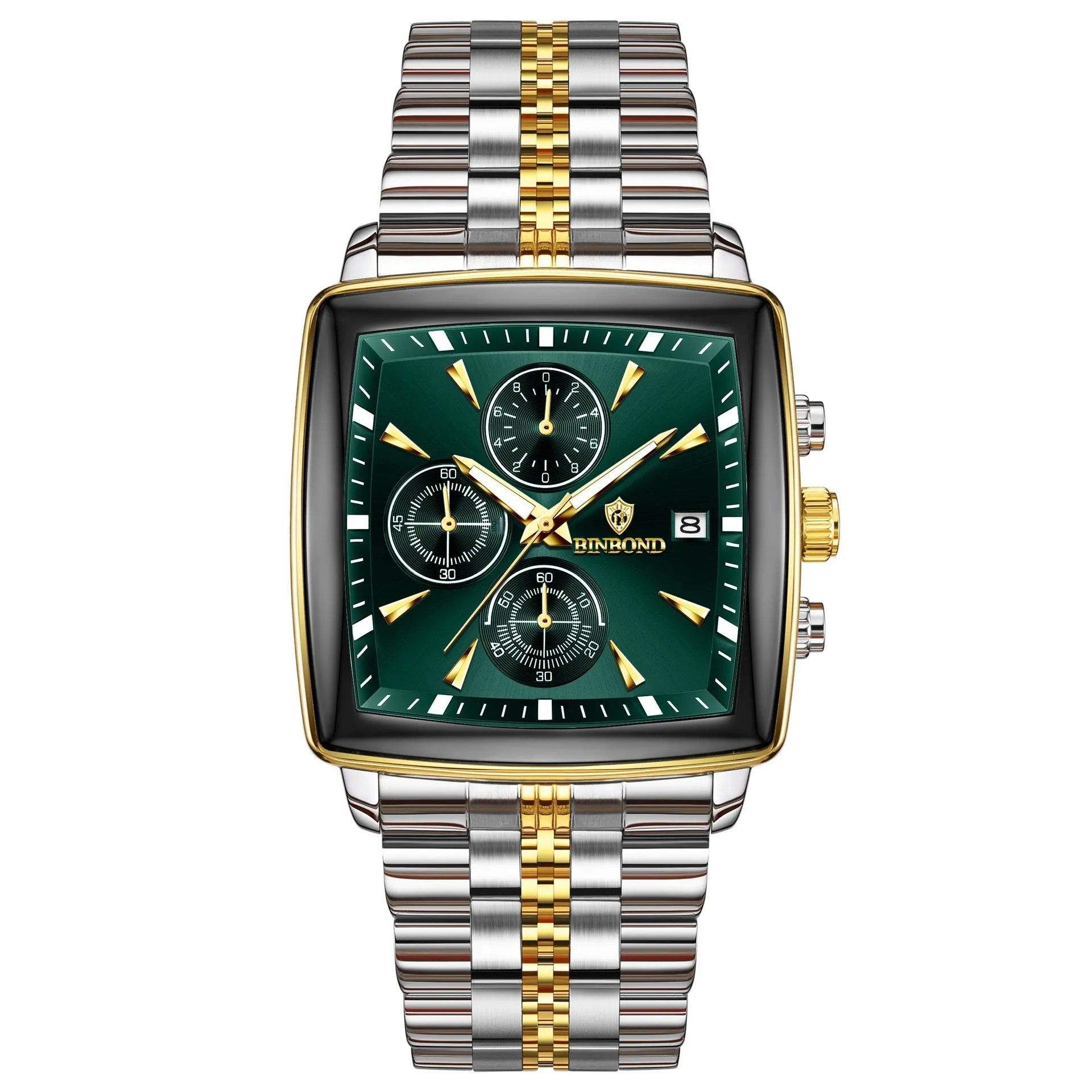 Men's rectangular stainless steel quartz watch with luminous hands and butterfly clasp in business style