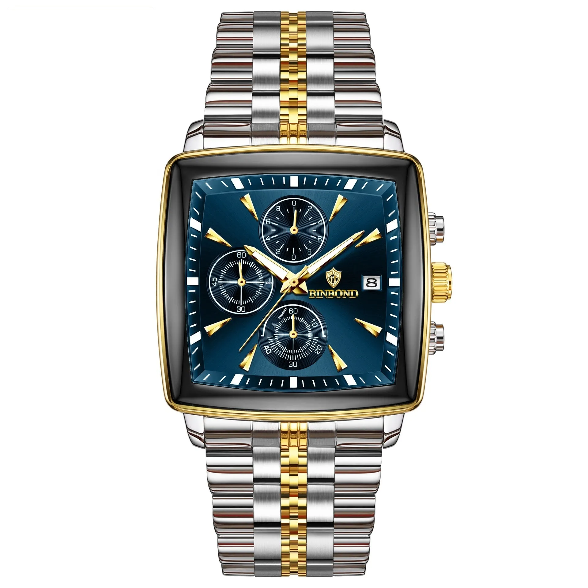 Men's rectangular stainless steel quartz watch with luminous hands and butterfly clasp in business style