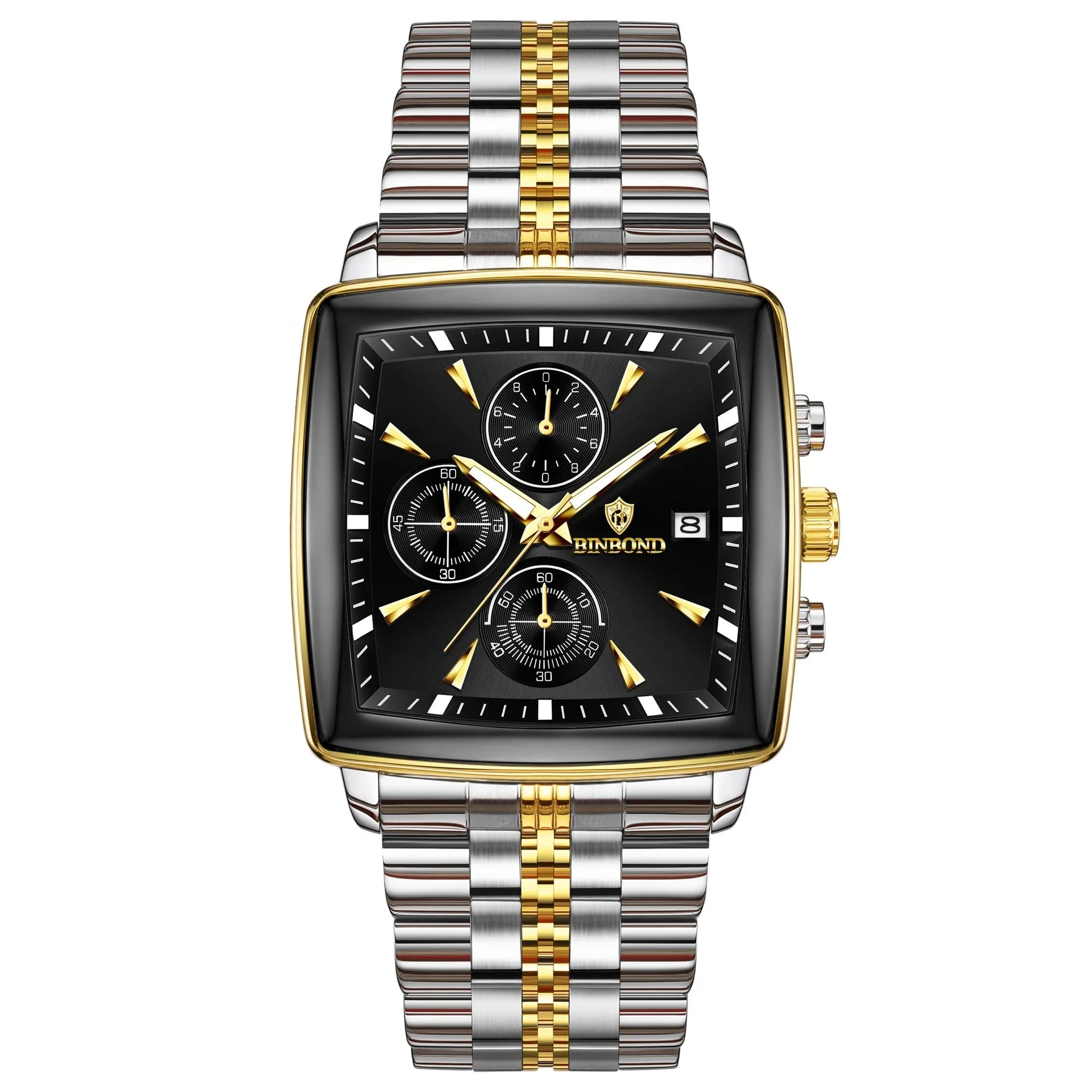Men's rectangular stainless steel quartz watch with luminous hands and butterfly clasp in business style