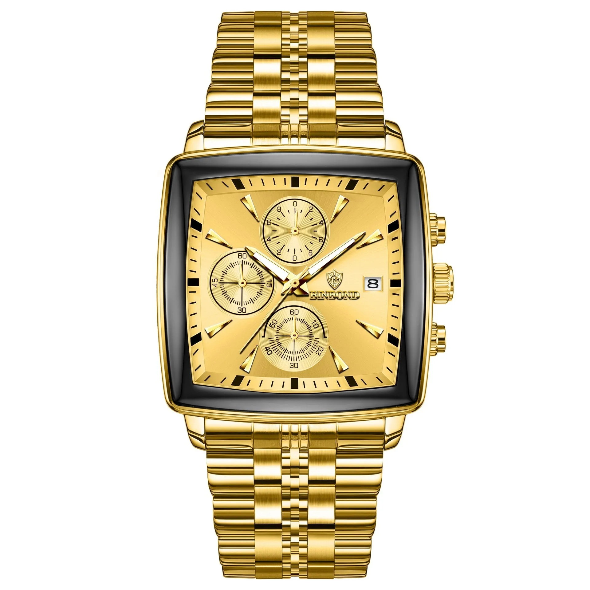 Men's rectangular stainless steel quartz watch with luminous hands and butterfly clasp in business style