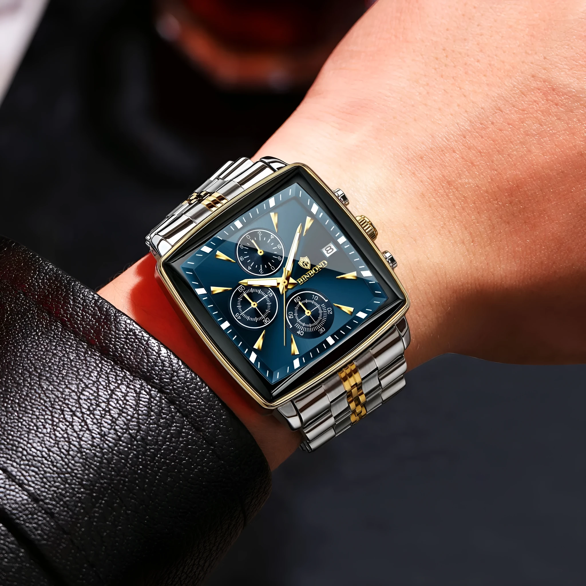 Men's rectangular stainless steel quartz watch with luminous hands and butterfly clasp in business style