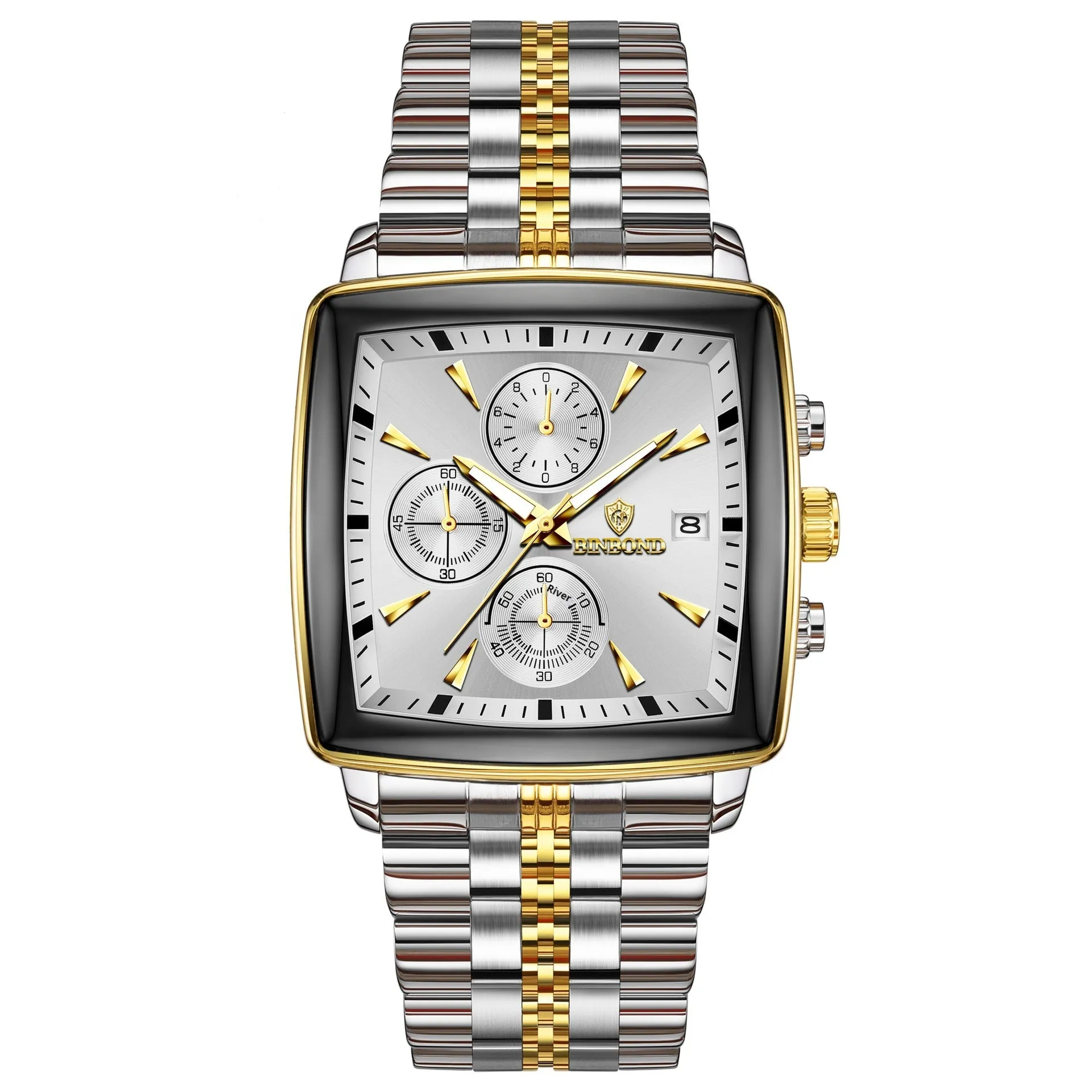 Men's rectangular stainless steel quartz watch with luminous hands and butterfly clasp in business style