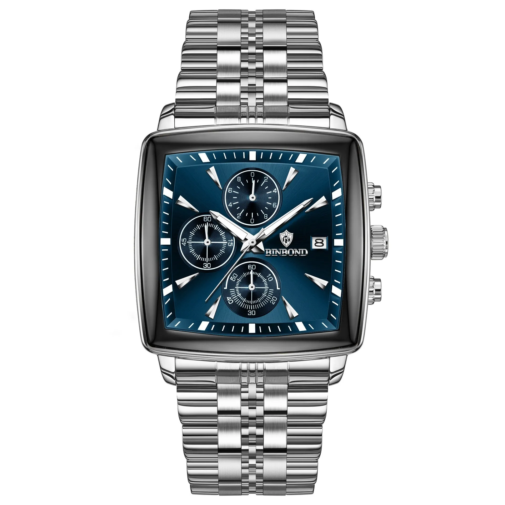 Men's rectangular stainless steel quartz watch with luminous hands and butterfly clasp in business style